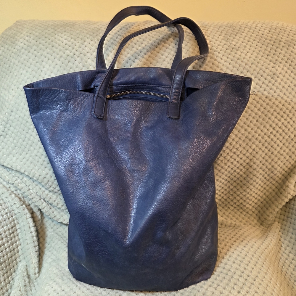 BAGGU Navy Leather Tote Bag Double Handle Made In The USA